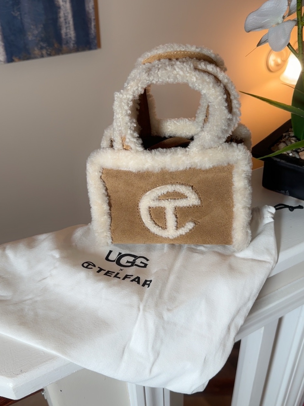 Telfar Mini Shearling Tote in Chestnut and Cream